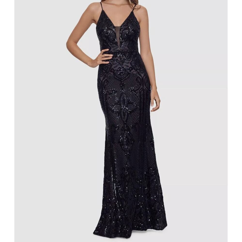 Betsy & Adam Women's Black Embellished Illusion-Inset Gown Black Size 10 NWOT